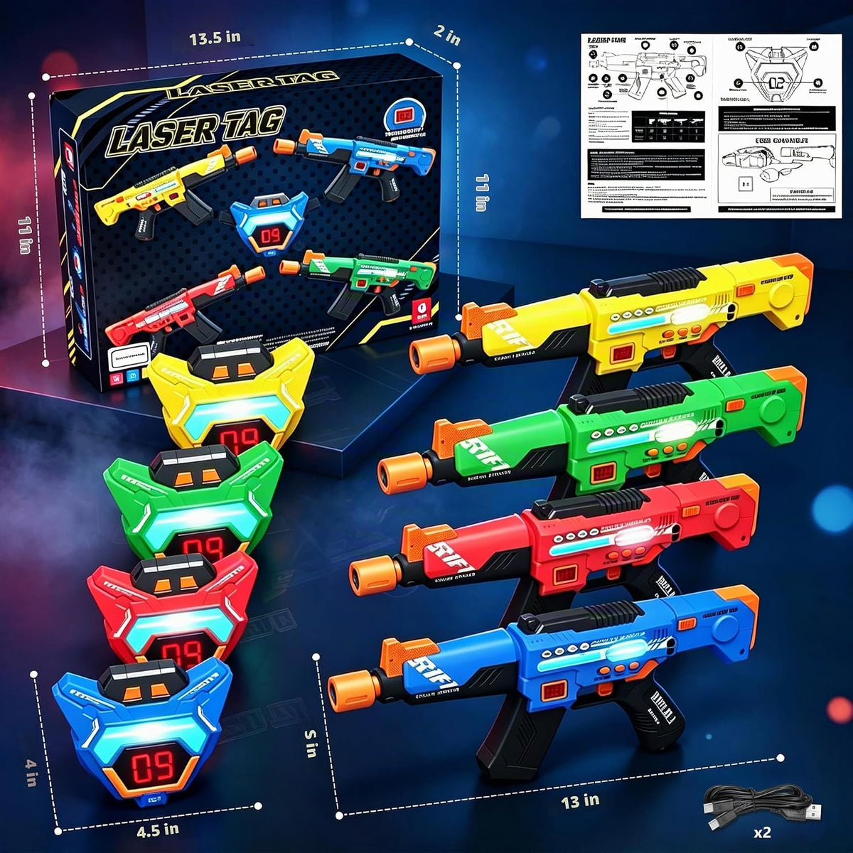 Juego de 4 pistolas láser recargables con LED, chalecos multifuncionales, digitales, regalos de cumpleaños, juguetes para niños y niñas de 8, 9, 10, 11, 12 años, Navidad