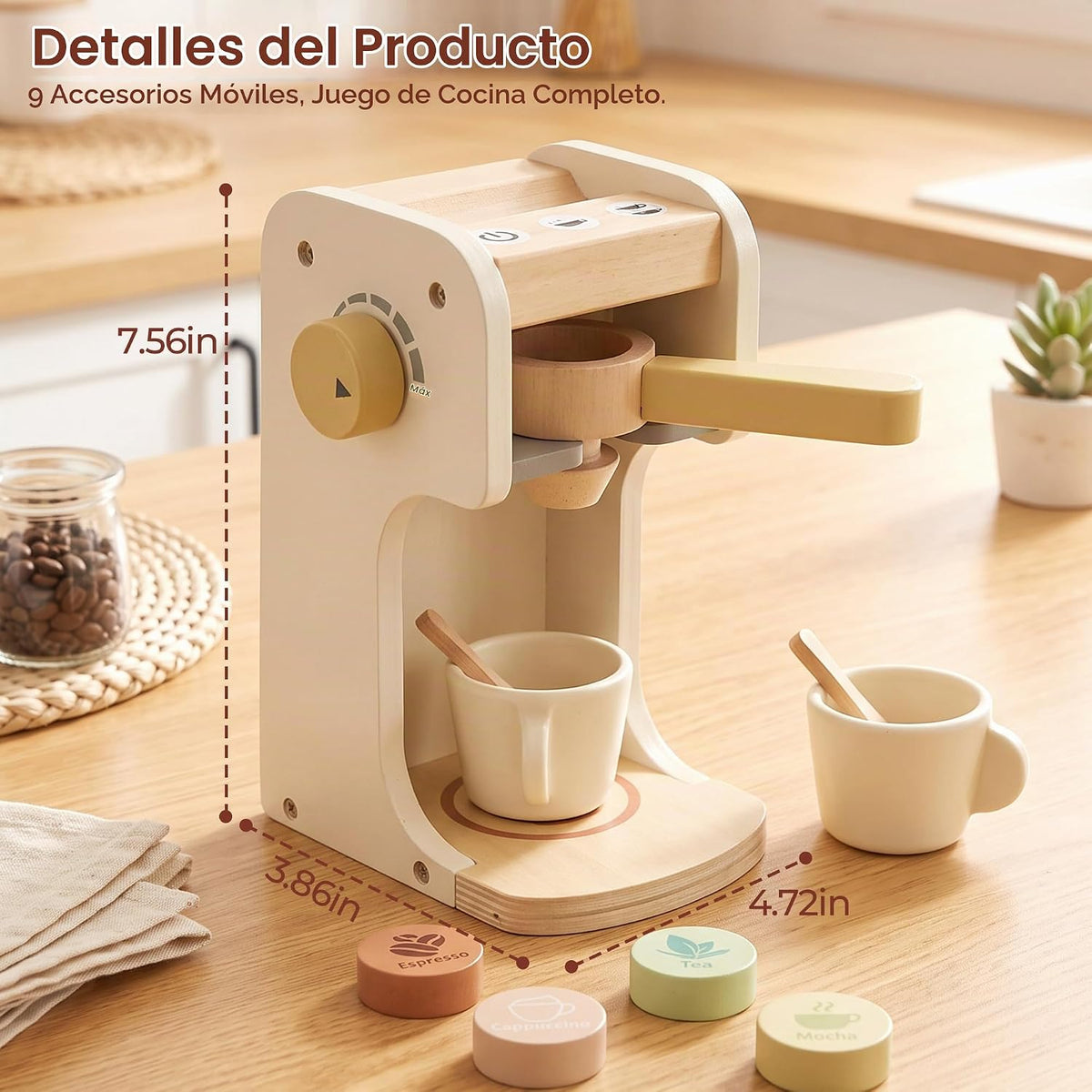 Freniland Juguete clásico de madera para cafetera, juego para preparar y servir para niños pequeños, juguete educativo de cocina para niños a partir de 3 años