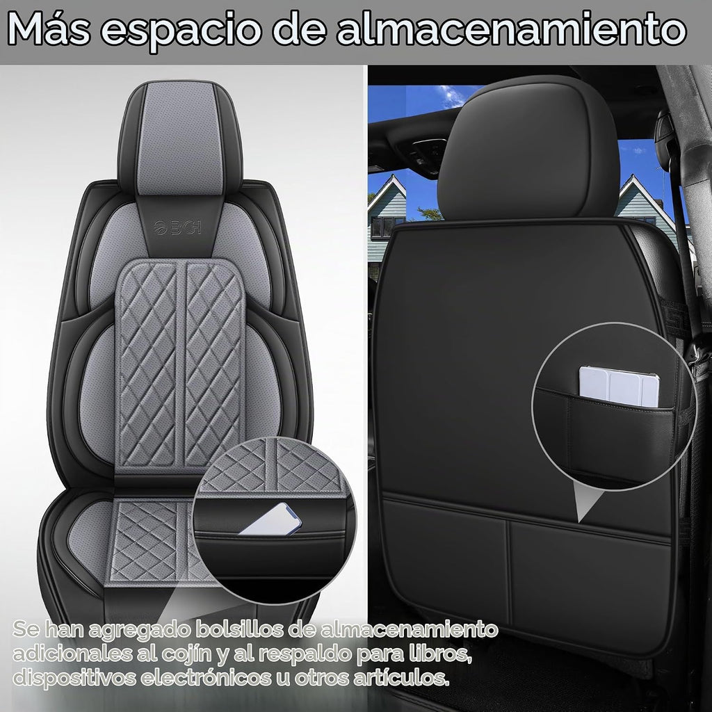 Funda de asiento de automóvil ajuste personalizado para Dodge Ram 1500 2500 3500 2002-2026, juego de fundas de asiento de piel sintética compatible con cojines de cabina regular Crew Quad (negro y gris, juego completo, trasero curvado)