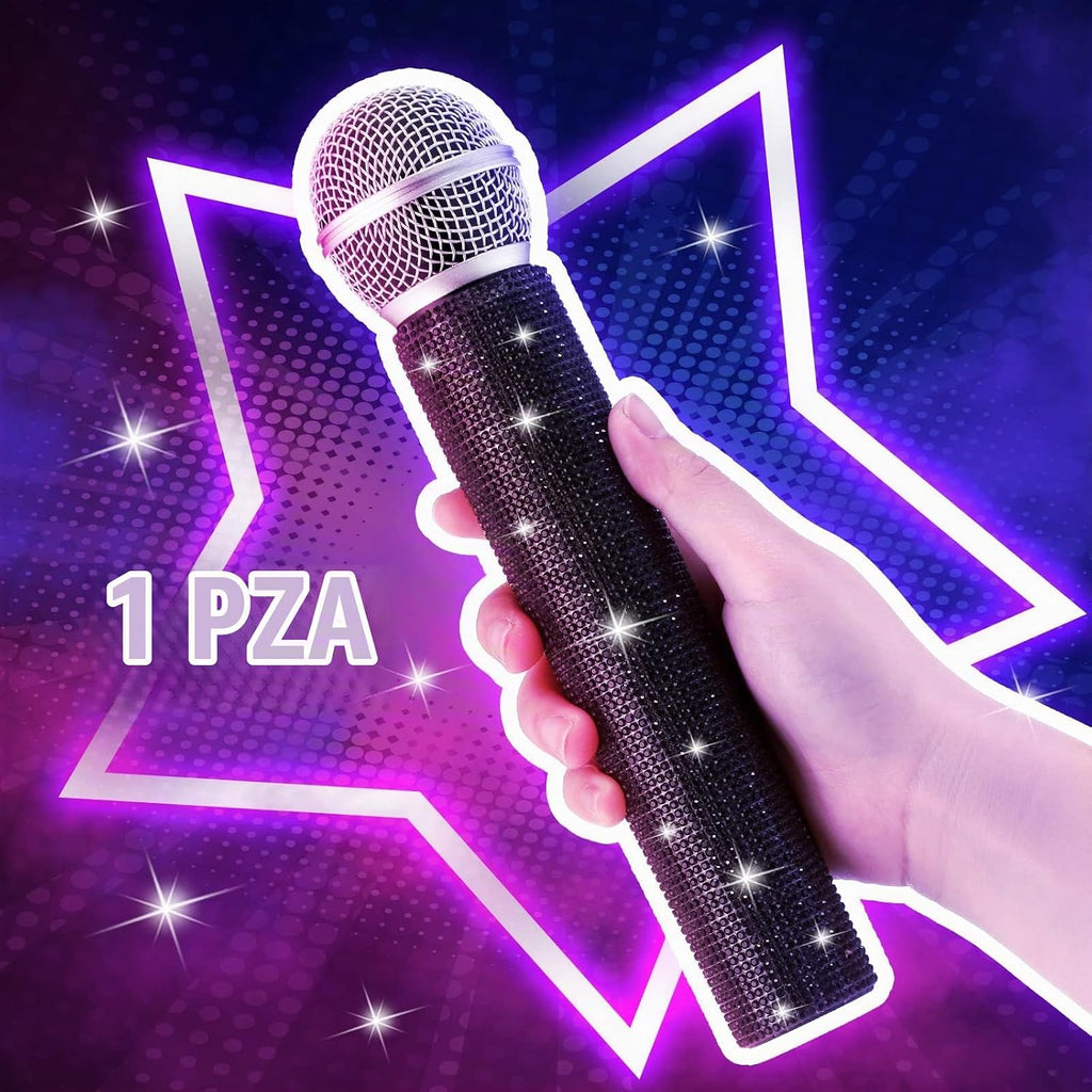 Micrófono falso con diamantes de imitación brillantes, micrófono de juego de plástico con purpurina para disfraz de fiesta de cosplay (negro)