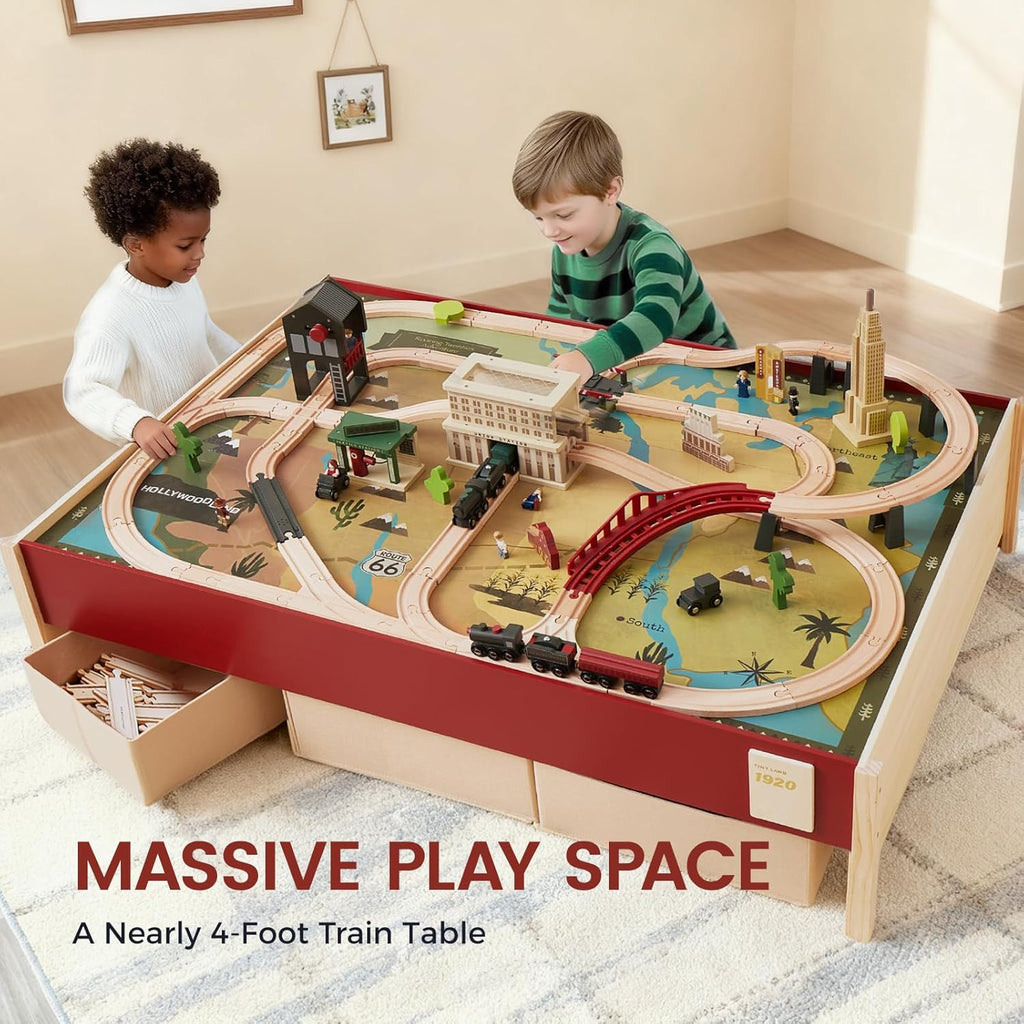 Tiny Land - Mesa de tren grande de madera (47.9 x 35.2 pulgadas) con juego de tren de 104 piezas