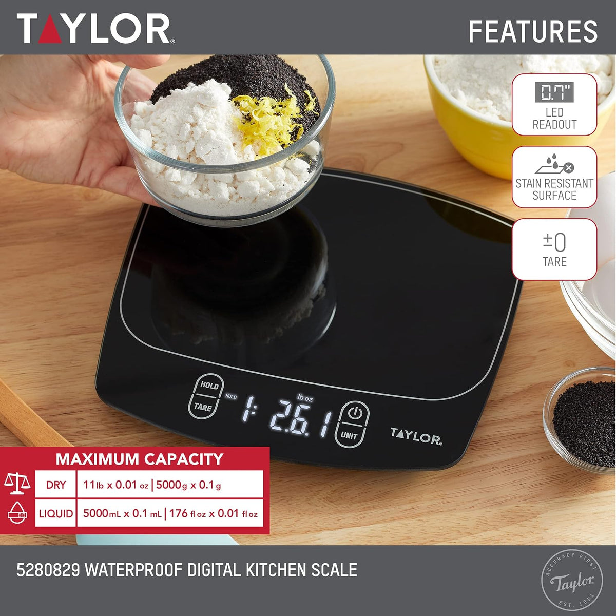Taylor Báscula de cocina digital impermeable, 11 libras, color negro