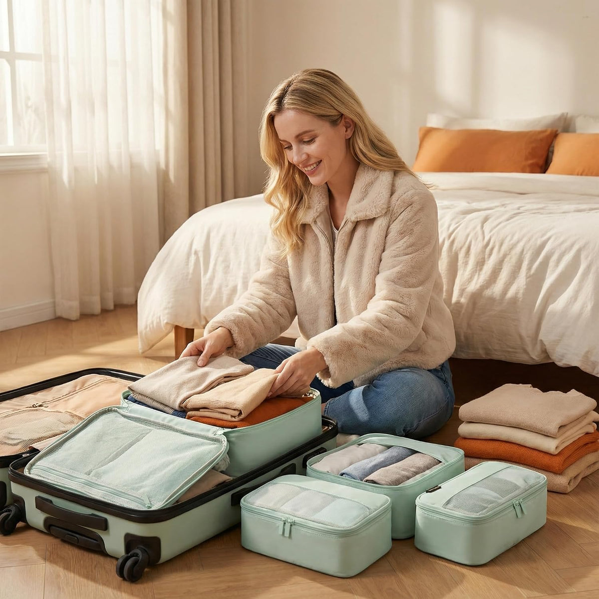 Cubos de embalaje de compresión para viajes, juego de 4 cubos de embalaje ligeros para maletas y mochilas, organizador que ahorra espacio para ropa, Verde claro 4L, 4 grandes