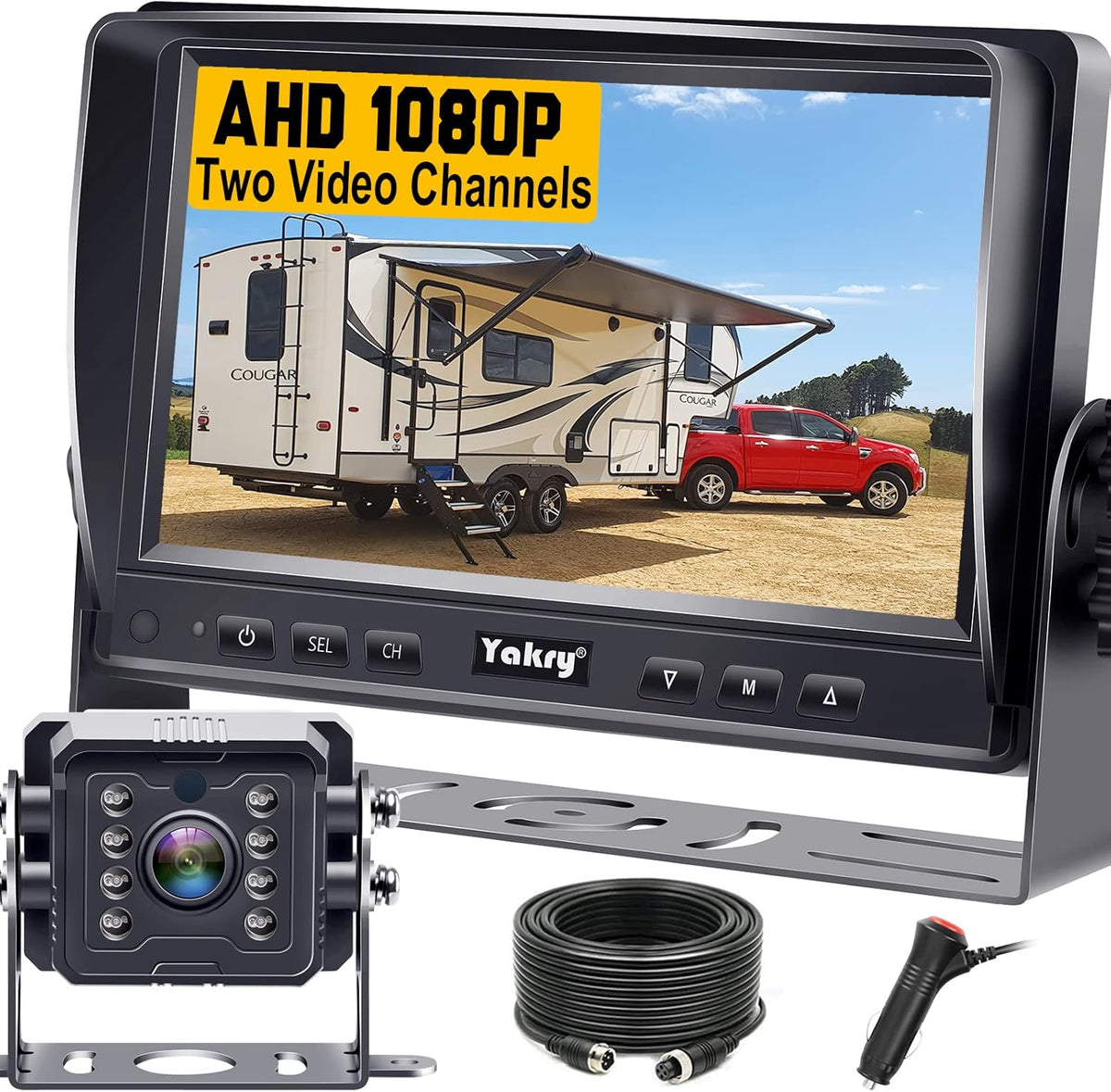 Cámara de respaldo Yakry para RV Plug and Play - Sin retrasos de 7 pulgadas HD 1080P con visión nocturna IR de 2 canales - Cámara de visión trasera impermeable para camión, remolque, autocaravana