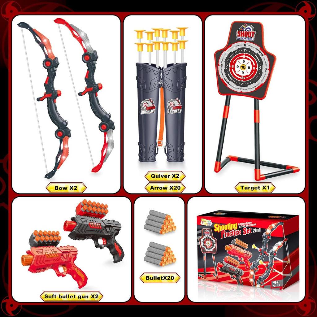 2 Bow y Arrow Sets con LED Light-up,2 Foam Dart Guns para Kids 5 6 7 8 9 10+ Years Old, Archery Set con Standing Target para Boys & Girl, Ideal Gift