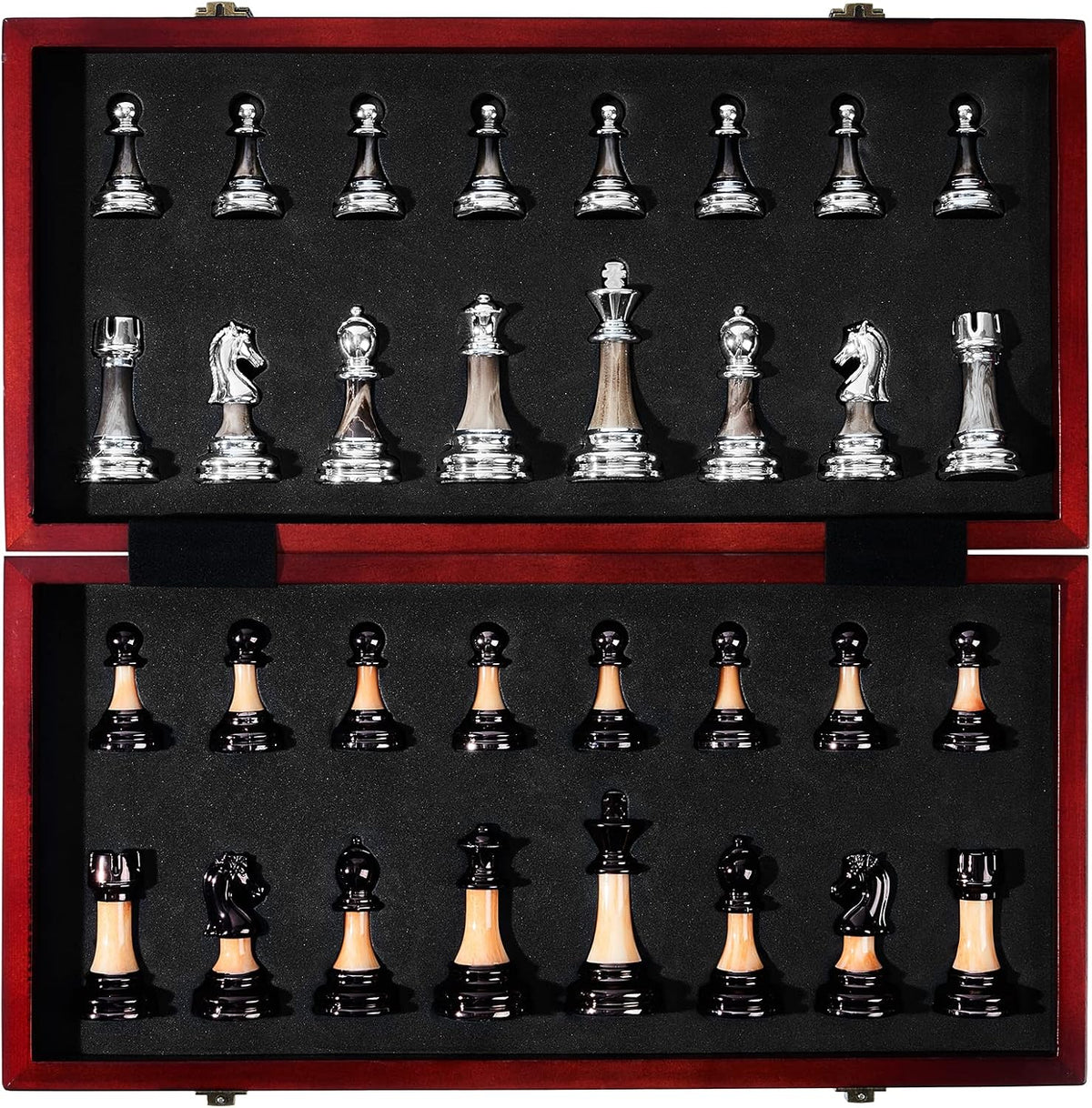 Juego de ajedrez grande de 16 pulgadas/16.5 in de tablero de madera plegable con piezas de ajedrez acrílico ponderadas de lujo, tamaño King de 3.5 pulgadas con ranuras de almacenamiento para adultos, regalo de jubilación de inauguración de la casa
