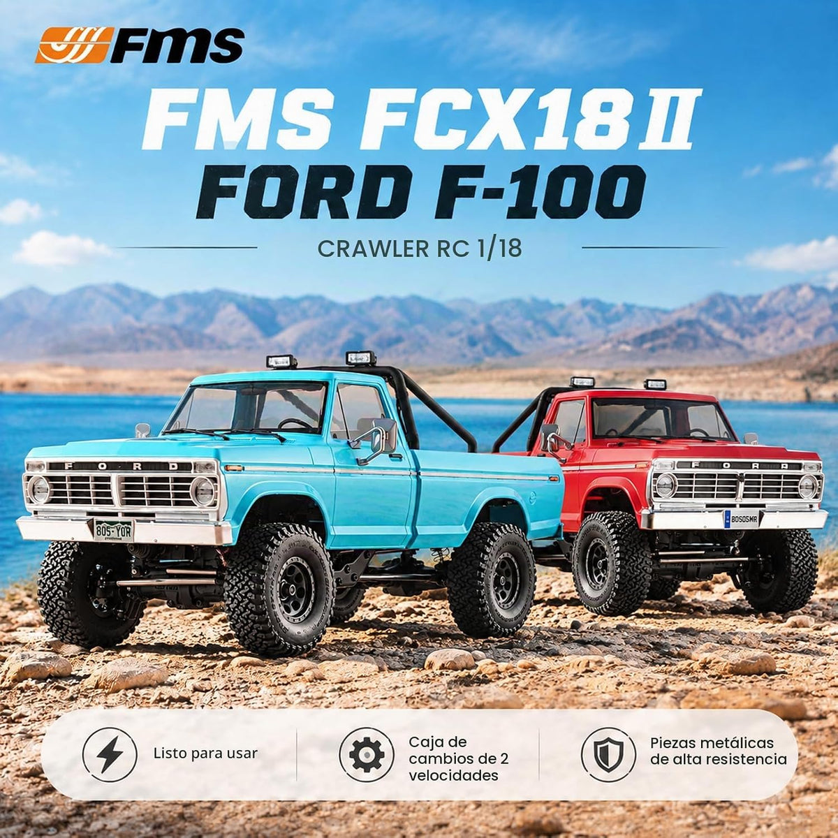 FMS FCX18 II Ford F-100 1/18 RC Crawler, RTR Camión RC Hobbygrade 4x4 Offroad Mini Rock Crawler con transmisión de 2 velocidades, engranajes de metal, luces LED para adultos y