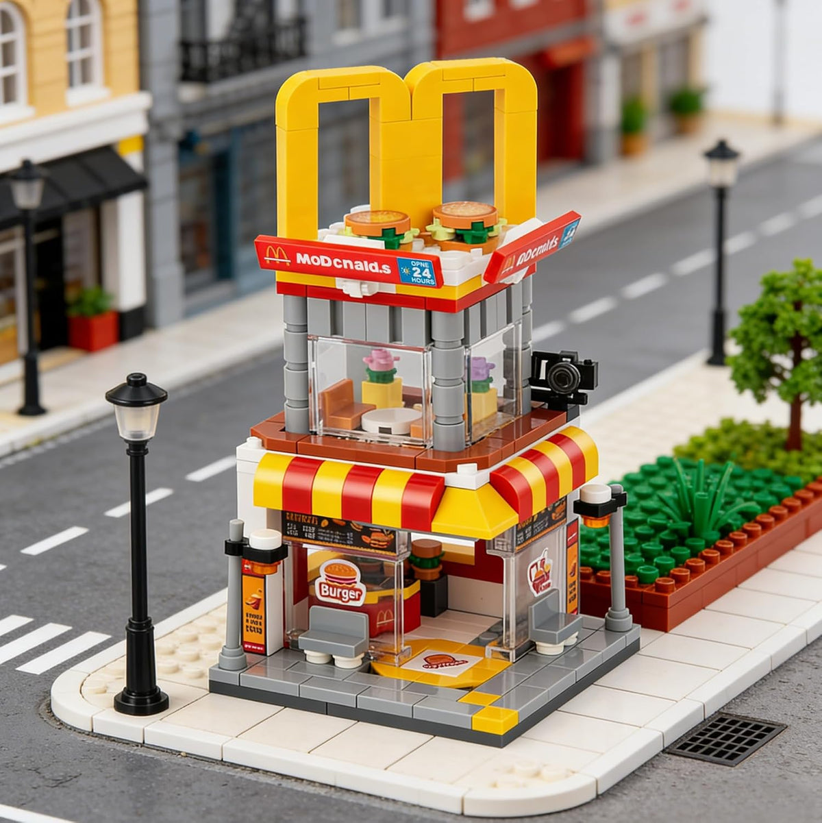 HIGH GODO City Street View - Juego de construcción de hamburguesas, modelo creativo MOC, juguetes de modelo creativo, decoración única para el hogar, ideas para regalo de cumpleaños (244 piezas)