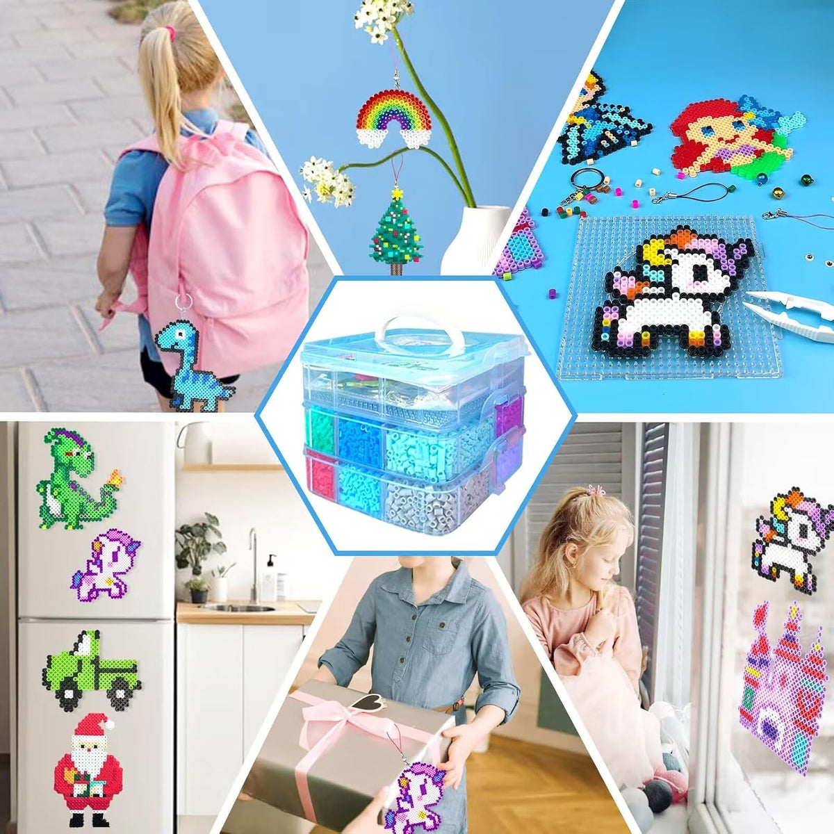 Kit de 11000 cuentas fusibles, 20 colores de 0.197 in, juego de manualidades con caja de almacenamiento, tablero de clavijas, papel de planchar y accesorios, kits de manualidades para niños a partir de 5 años, Navidad, cumpleaños, manualidades, regalo