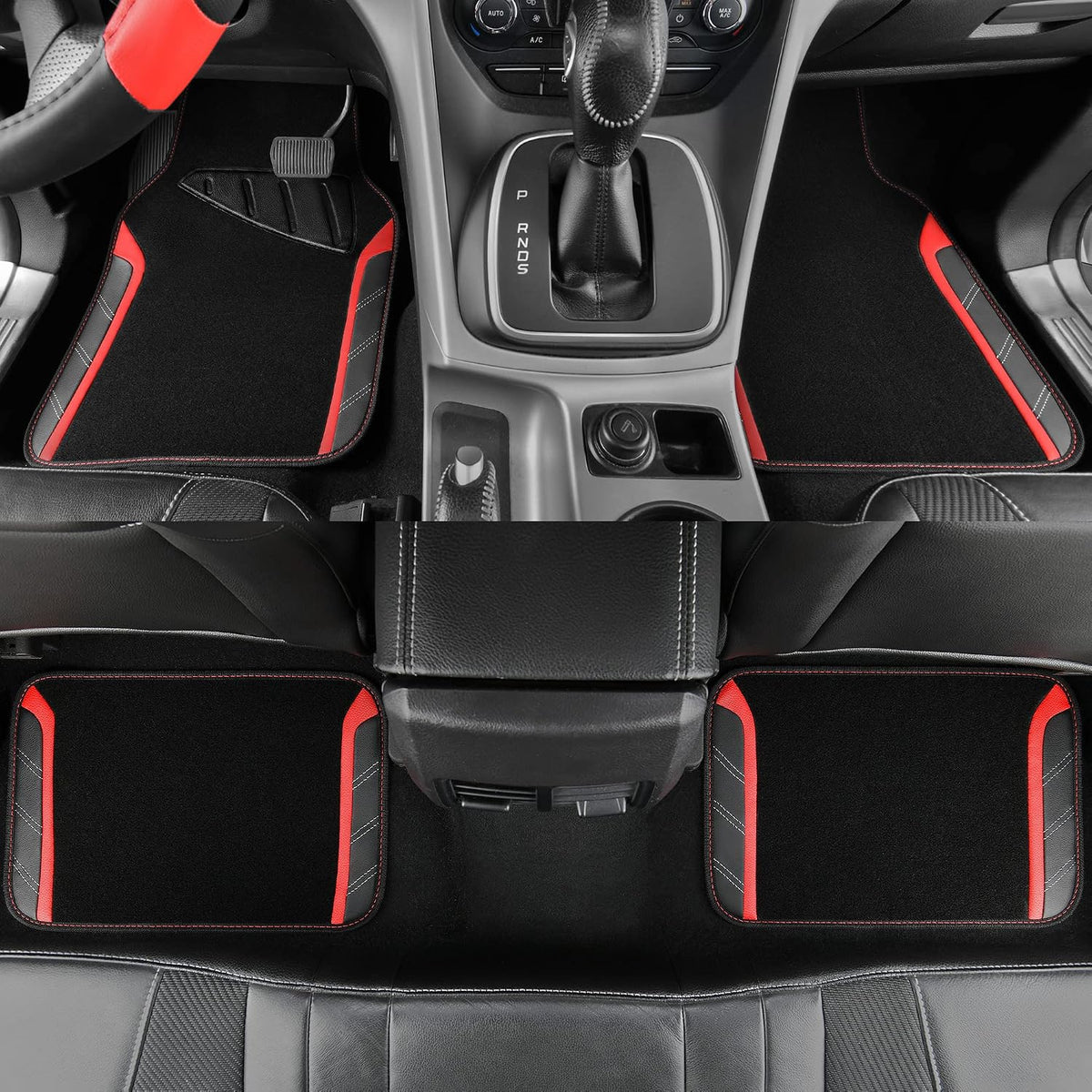 CAR PASS Funda para volante de cuero y alfombrillas de coche impermeables, combo universal de microfibra para coche, diseño deportivo antideslizante seguro y cómodo de 14.5-15 pulgadas para el 95 % de