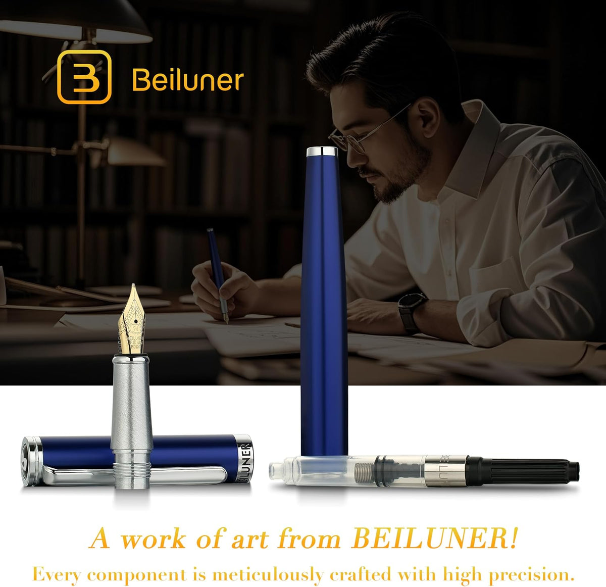BEILUNER Juego de pluma estilográfica de lujo, plumín medio dorado sólido de 24 quilates, edición limitada clásica moderna, incluye 6 cartuchos de tinta y convertidor de recarga de tinta con estuche