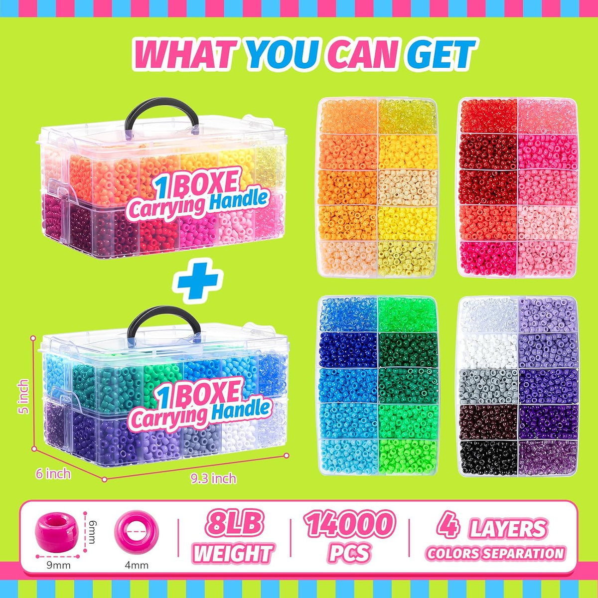 14000 cuentas de poni a granel, 40 colores para hacer pulseras