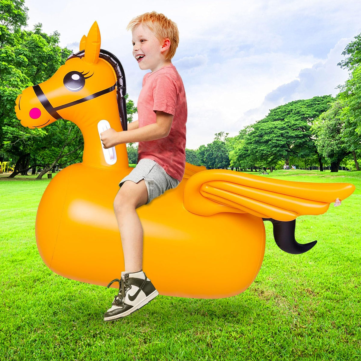 ZHUYNXIR - Juguete inflable de unicornio inflable para niños a partir de 3 años, equipo de juego de salto para interiores y exteriores con mango y alas, divertido caballo animoso de actividad física