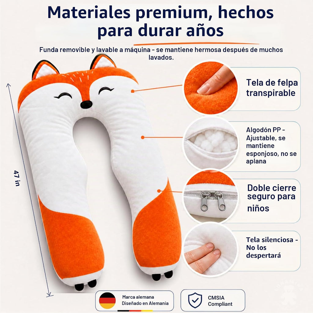Almohada de cuerpo en forma de zorro para niños - Almohada larga de felpa suave en forma de U de 47" para niños, para dormir, leer, comodidad para ADHD y necesidades especiales, ansiedad
