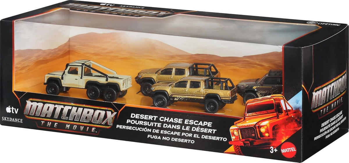 Matchbox - Autos de juguete Desert Chase Escape, paquete de 4 SUV fundidos a escala 1:64 de la película, incluye Toyota 4Runner con decoración exclusiva, juego coleccionable