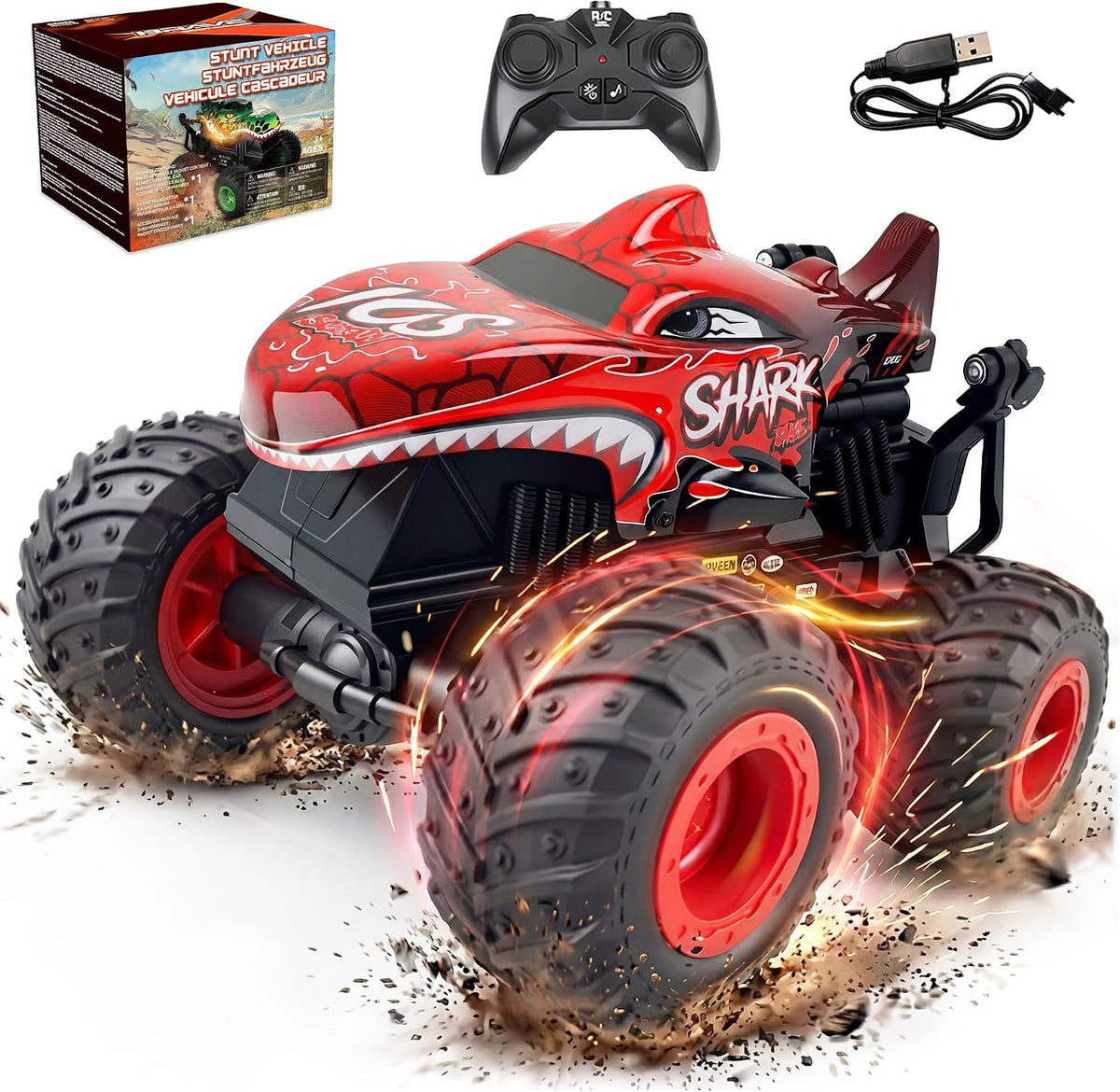 BEZGAR Camión monstruo, camión monstruo de control remoto con giros bailarines, luces y música, auto de control remoto 1:20 para niños de 4 a 7, 5, 6, 7, 8, 9, 10 años (rojo)
