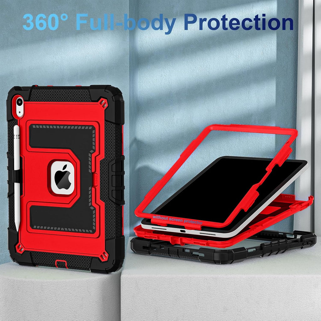 WESOROL Funda para iPad A16 de 11ª generación de 11 pulgadas (2025) iPad de 10.9 pulgadas (2022), funda i Pad A16 de grado militar, a prueba de golpes, con soporte para lápices, correa para el hombro, negro y rojo