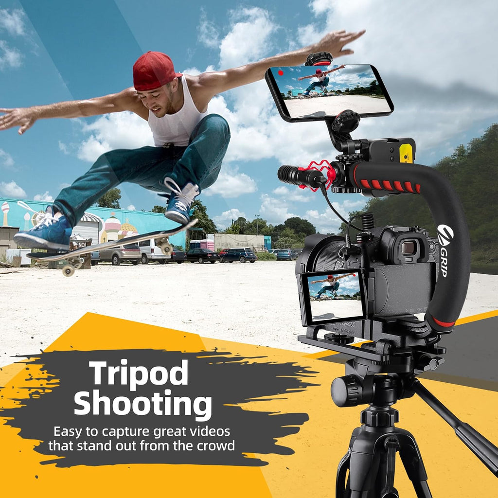 Zeadio Estabilizador de mano de video, kit de agarre de mango de cámara todo en uno con luz de video LED regulable, micrófono, soporte para teléfono, adaptador de cámara de acción para cine, vlogging, YouTube, TikTok, etc