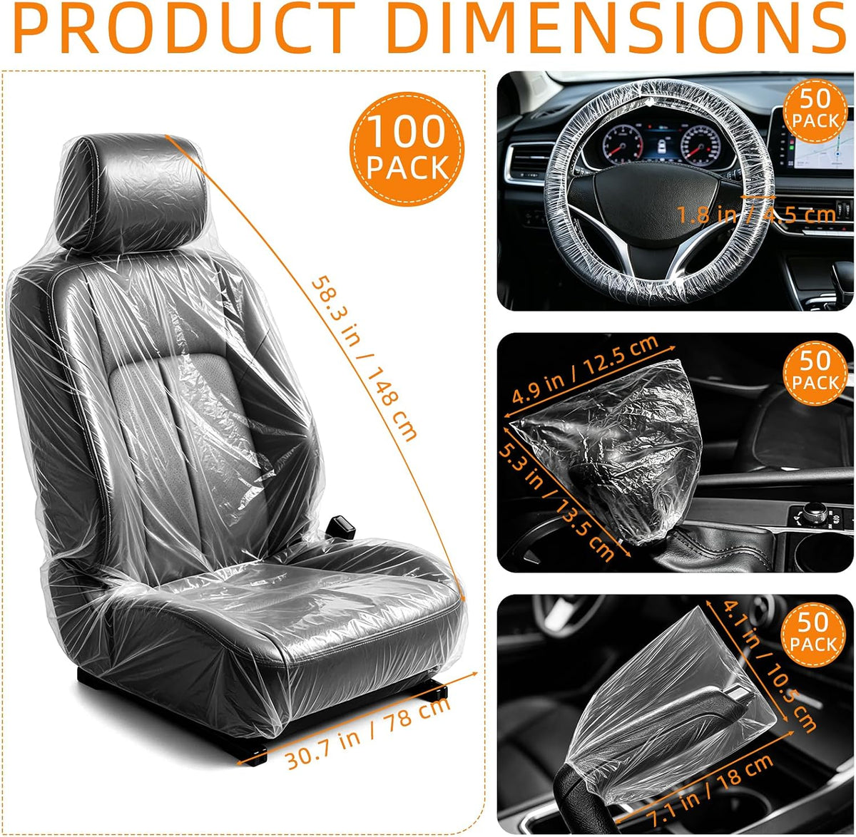 Paquete de 250 fundas desechables para asiento de automóvil, juego de protectores de asiento de plástico transparente para automóviles, incluye volante, selector de engranajes y fundas para