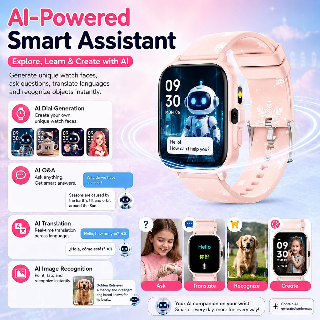 Reloj inteligente para niños de 5 a 12 años, juegos de funciones Ai con pantalla táctil HD, con cámara de video, reproductor de música, podómetro, ritmo cardíaco, rastreador de sueño, regalos de Navidad y cumpleaños para niñas (rosa, 1.85 pulgadas)
