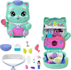Polly Pocket Muñecas y juego de muñecas, Set Sail Kitty Compact, juguete de viaje con 1 micro muñeca, gatos de mascotas, comida y accesorios de estilo de moda