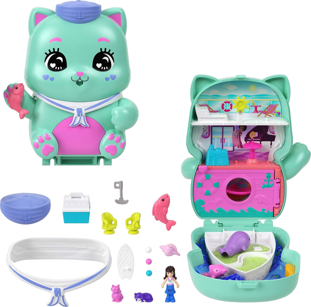 Polly Pocket Muñecas y juego de muñecas, Set Sail Kitty Compact, juguete de viaje con 1 micro muñeca, gatos de mascotas, comida y accesorios de estilo de moda