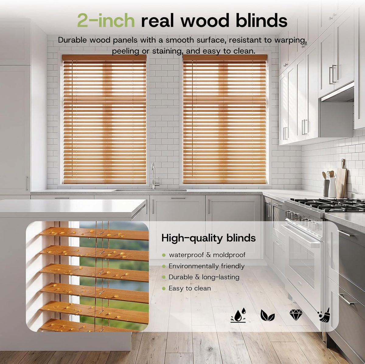 Persianas de Madera Real sin Cuerda de 2" para Interior 23"W x 48"H en Nogal Pecan Basswood