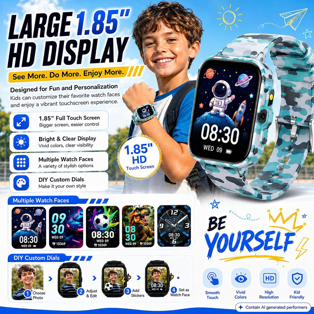 Reloj inteligente para niños de 5 a 12 años, juegos de funciones Ai con pantalla táctil HD, con cámara de video, reproductor de música, podómetro, ritmo cardíaco, rastreador de sueño, regalos de Navidad y cumpleaños para niños (camuflaje, 1.85 pulgadas)