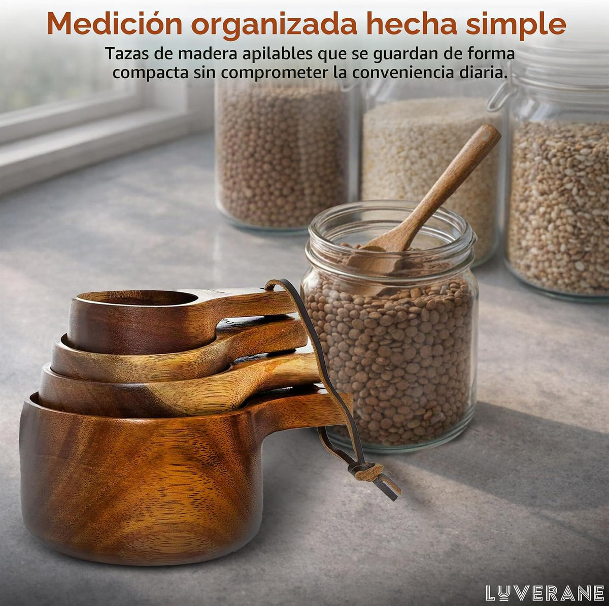 Juego de 8 tazas y cucharas medidoras de madera, madera de acacia maciza con medidas grabadas, utensilios de cocina apilables para cocinar con precisión, hornear y preparar alimentos, ideal para