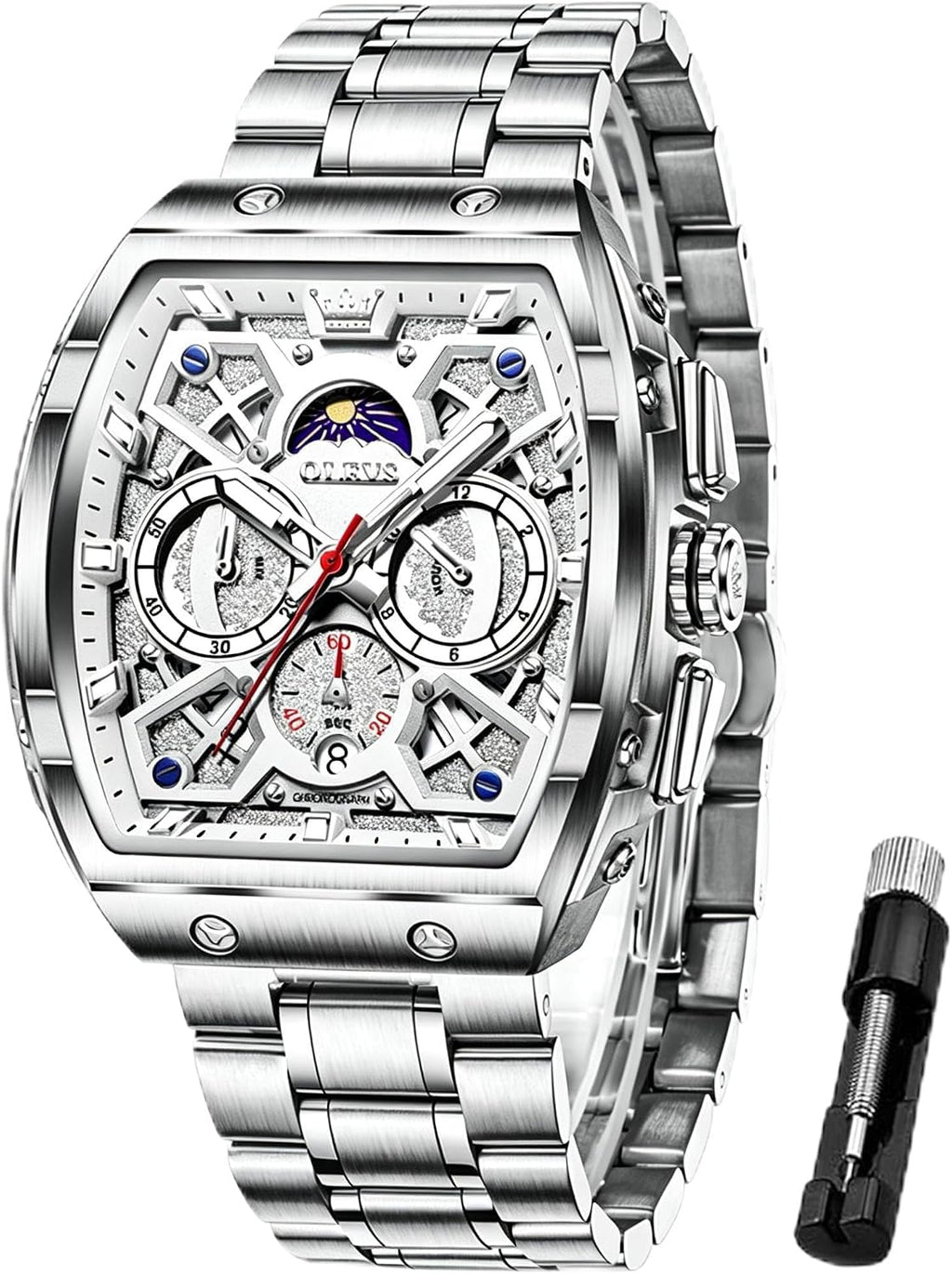 OLEVS Reloj para Hombres Analógico Cuarzo Lujo Diamante Resistente al Agua Cronógrafo Acero Inoxidable Carita Grande Cuadrado Fecha Fase Lunar Romano Relojes de Vestir para Hombres