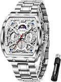OLEVS Reloj para Hombres Analógico Cuarzo Lujo Diamante Resistente al Agua Cronógrafo Acero Inoxidable Carita Grande Cuadrado Fecha Fase Lunar Romano Relojes de Vestir para Hombres