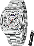 OLEVS Reloj para Hombres Analógico Cuarzo Lujo Diamante Resistente al Agua Cronógrafo Acero Inoxidable Carita Grande Cuadrado Fecha Fase Lunar Romano Relojes de Vestir para Hombres