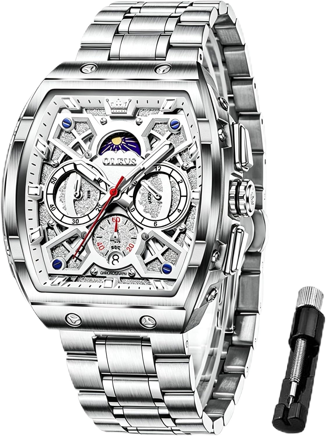 OLEVS Reloj para Hombres Analógico Cuarzo Lujo Diamante Resistente al Agua Cronógrafo Acero Inoxidable Carita Grande Cuadrado Fecha Fase Lunar Romano Relojes de Vestir para Hombres