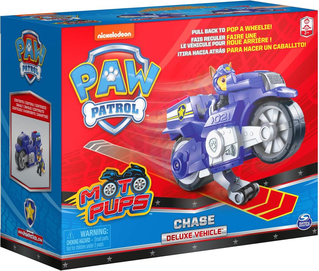 Paw Patrol, Moto Pups Deluxe de Chase, vehículo de motocicleta de tracción que hace piruetas y figura de juguete