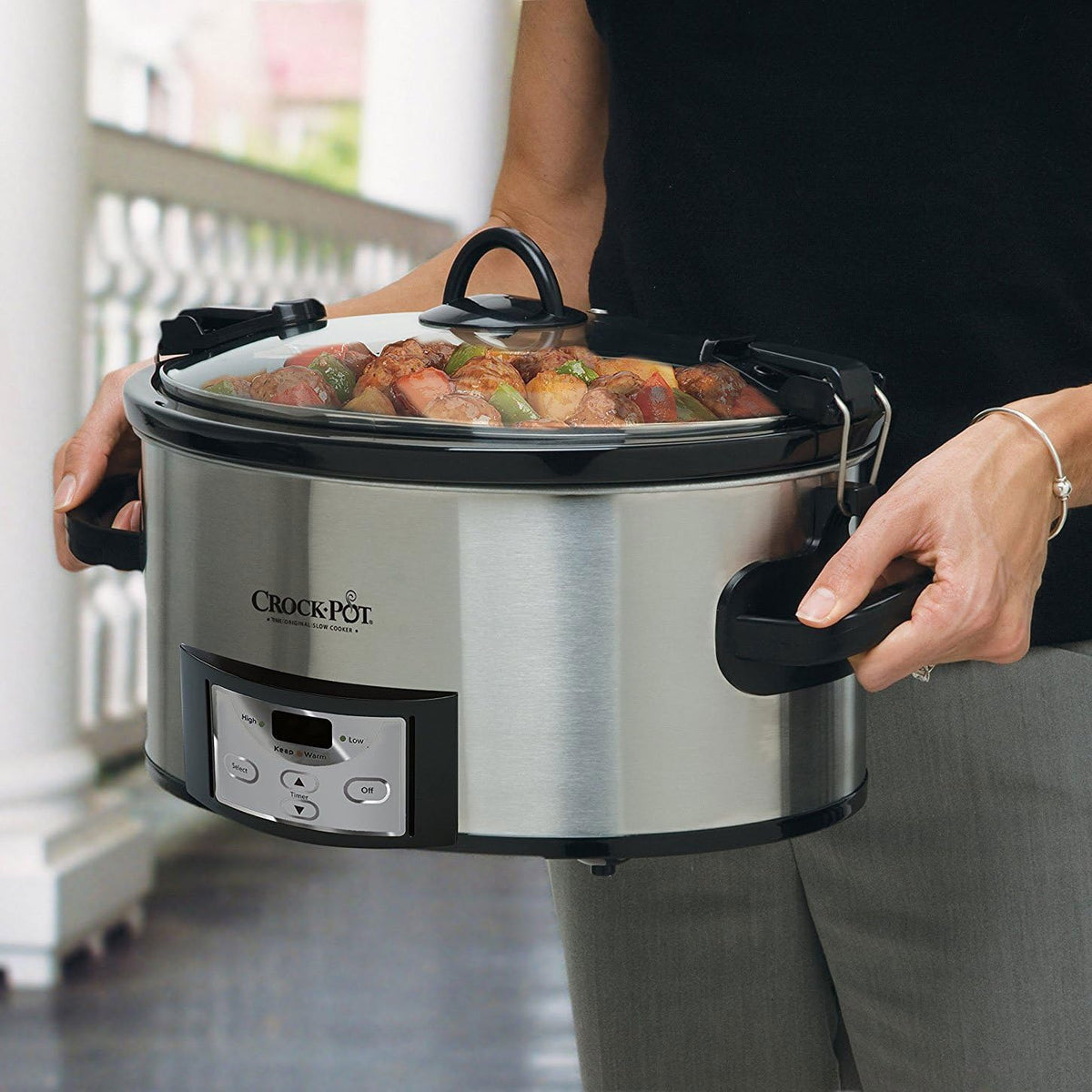 Crock-Pot Cook & Carry - Olla de cocción lenta programable de 6 cuartos de galón con temporizador digital de acero inoxidable (CPSCVC60LL-S) paquete de 1
