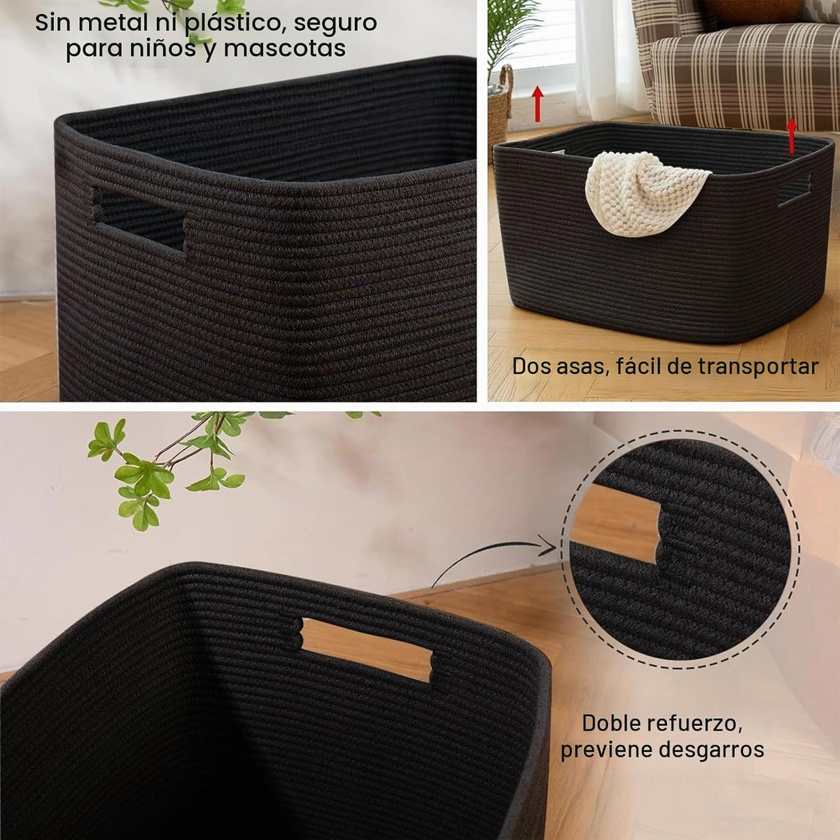 OIAHOMY Cesta rectangular XXL para manta, 96 litros, cesta tejida de algodón para almacenamiento, cestas de ropa sucia para sala de estar, guardería, dormitorio, organización de juguetes con asa, 24 x