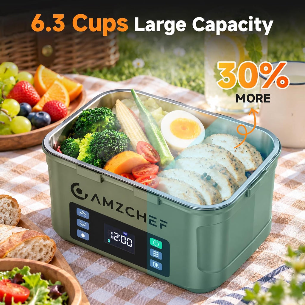 AMZCHEF Fiambrera eléctrica inalámbrica portátil, calentador de alimentos