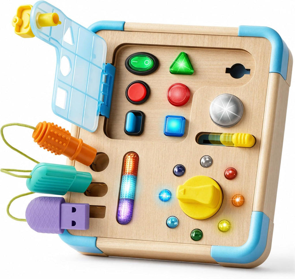Tablero de actividades con 15 luces LED Montessori - Juguete educativo de aprendizaje Montessori con 9 sonidos, 5 interruptores y enchufes, juguetes de viaje, tabla de actividades sensoriales para 18 meses, regalo de cumpleaños para niños y niñas de 3