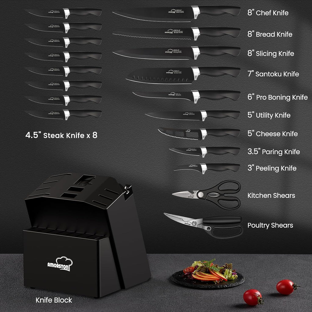 Juego de cuchillos de cocina de 21 piezas con bloque y afilador, juego de cuchillos ultra afilados con asas ergonómicas, juego de bloques de cuchillos de acero inoxidable alemán negro, apto para lavavajillas