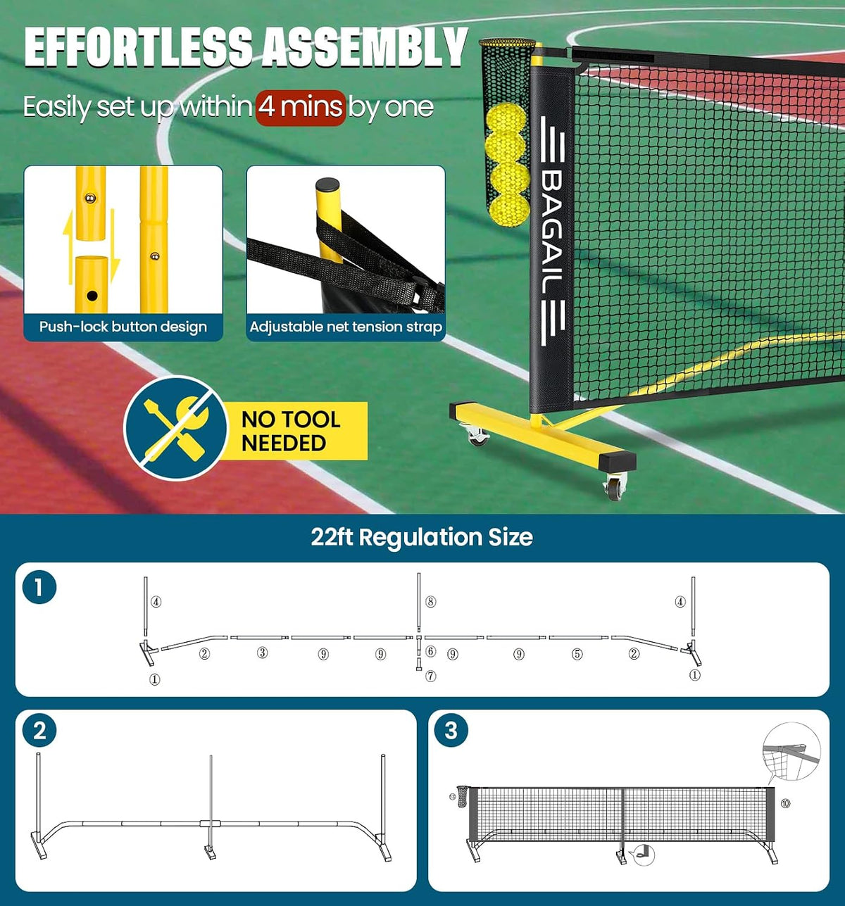 BAGAIL Portátil Set de Red de Pickleball, 22 FT Tamaño reglamentario de red de pickleball con recogedor de pelotas, 4 pelotas y bolsa de transporte, montaje fácil para exterior interior en la entrada