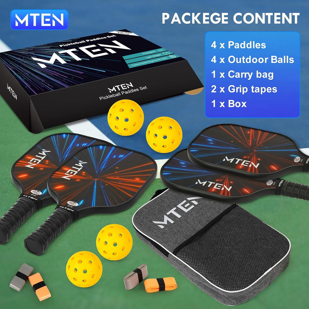 MTEN Palas de Pickleball Set de 2/4/1 Aprobadas USAPA; Raquetas de Fibra de Vidrio