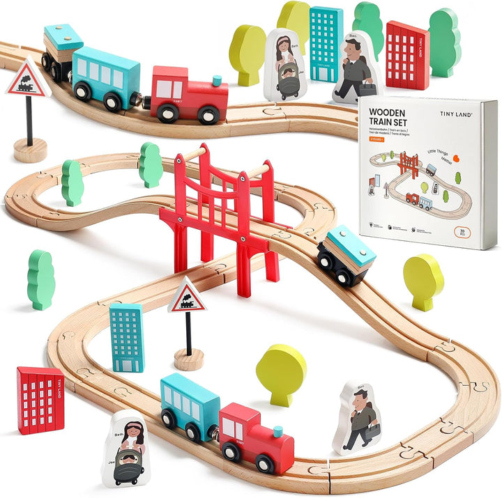 Tiny Land Juego de tren de madera para niños pequeños, 39 piezas, c...