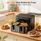 Freidora de aire grande de 12 cuartos con cesta doble (4 QT+8 QT), pantalla táctil digital 13 en 1 con 50 revestimientos de papel, sincronización y funciones duales, horneado, asado