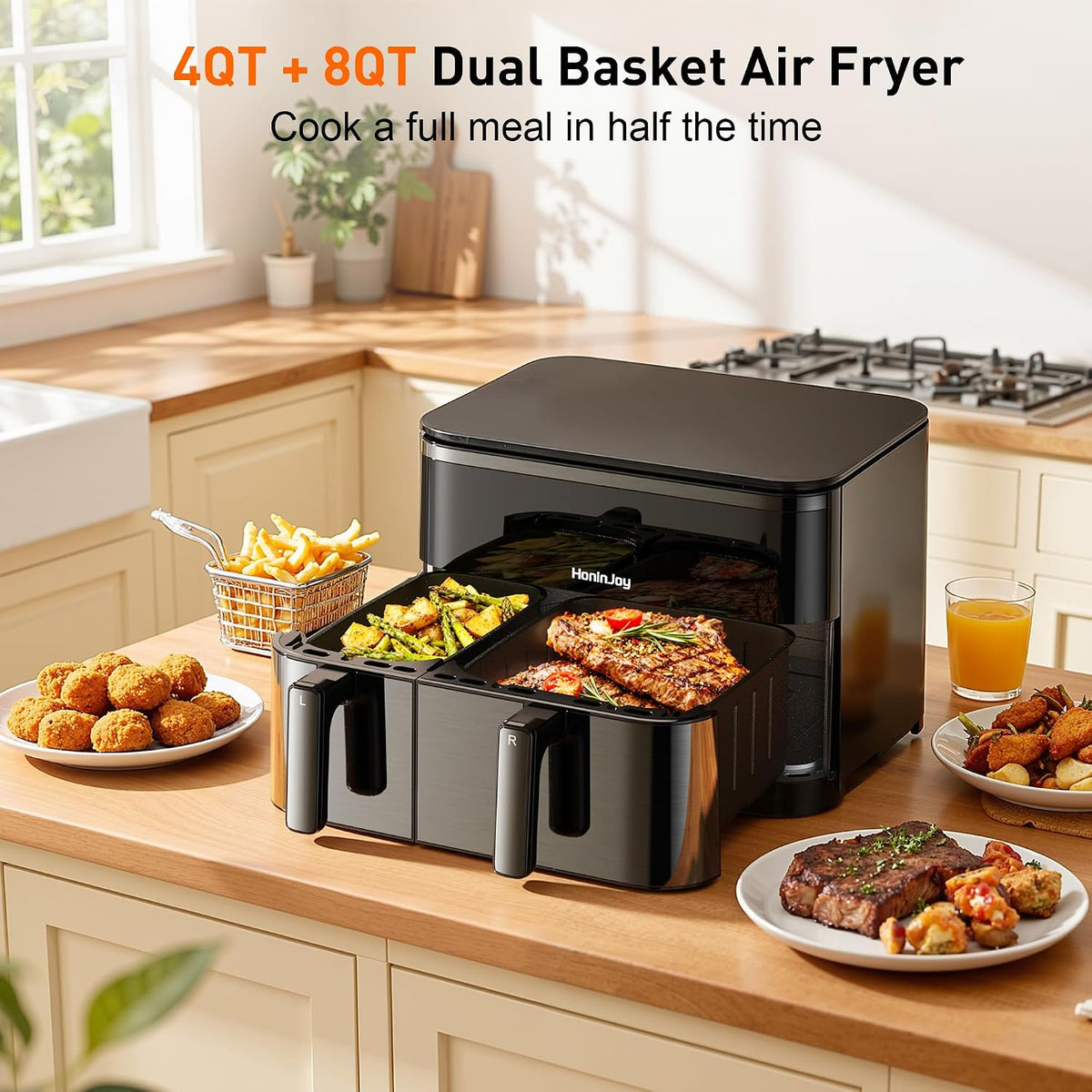 Freidora de aire grande de 12 cuartos con cesta doble (4 QT+8 QT), pantalla táctil digital 13 en 1 con 50 revestimientos de papel, sincronización y funciones duales, horneado, asado