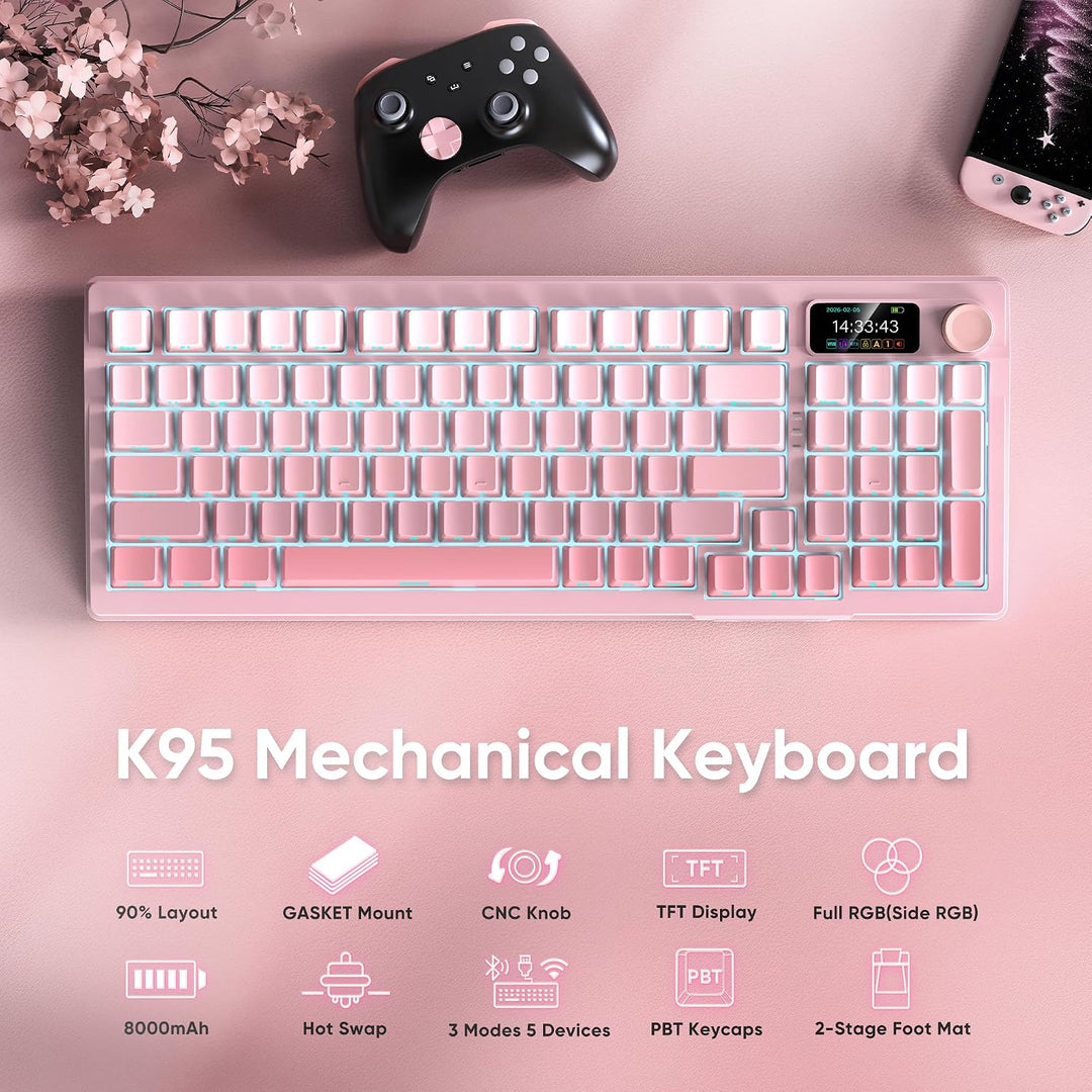 RedThunder Teclado mecánico inalámbrico K95, pantalla y perilla TFT...