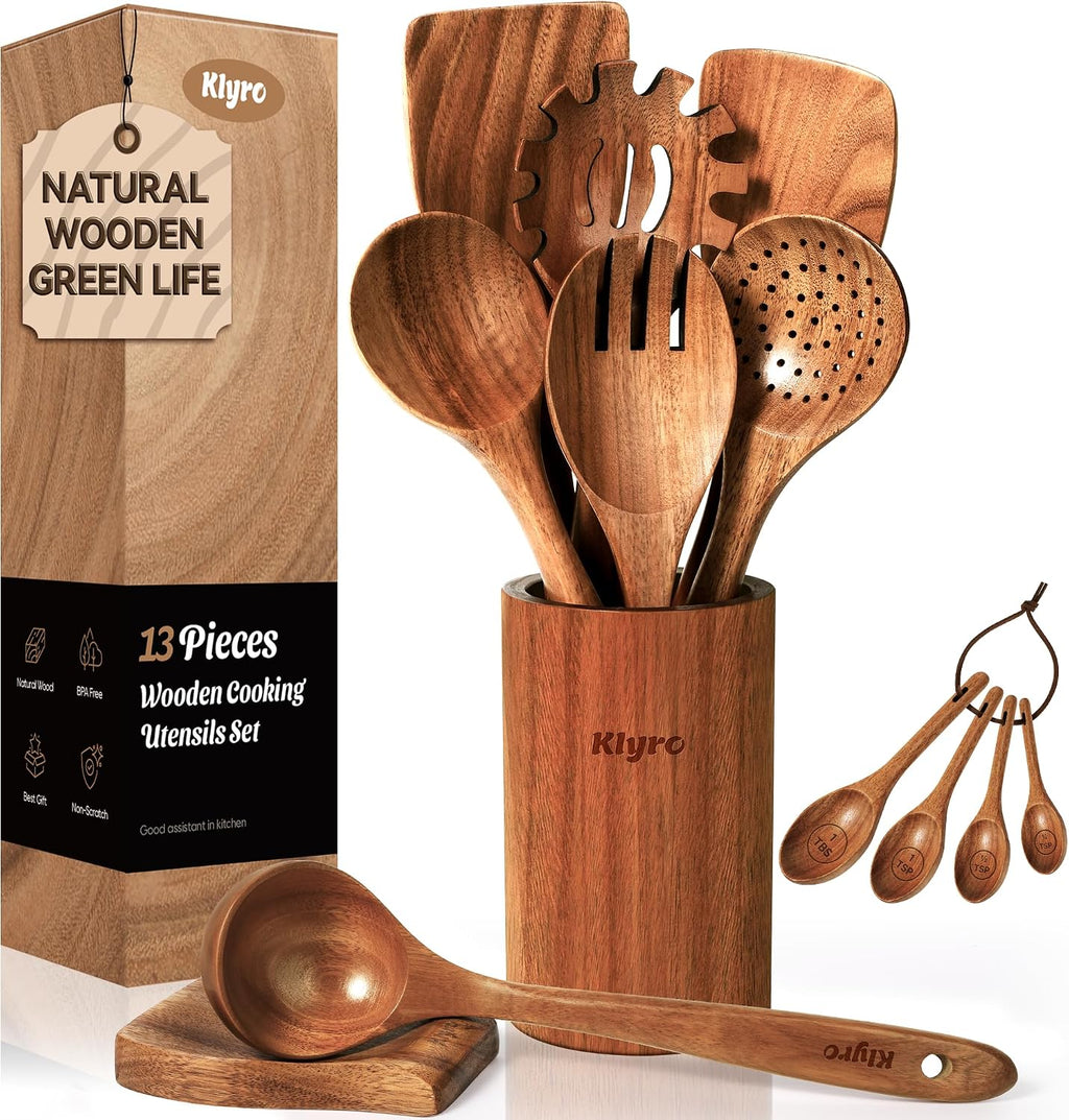 Cucharas de madera para cocinar, juego de utensilios de cocina antiadherentes con 4 cucharas medidoras, juego de espátulas de madera de agarre cómodo, 9 utensilios de cocina de madera de teca