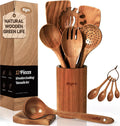 Cucharas de madera para cocinar, juego de utensilios de cocina antiadherentes con 4 cucharas medidoras, juego de espátulas de madera de agarre cómodo, 9 utensilios de cocina de madera de teca