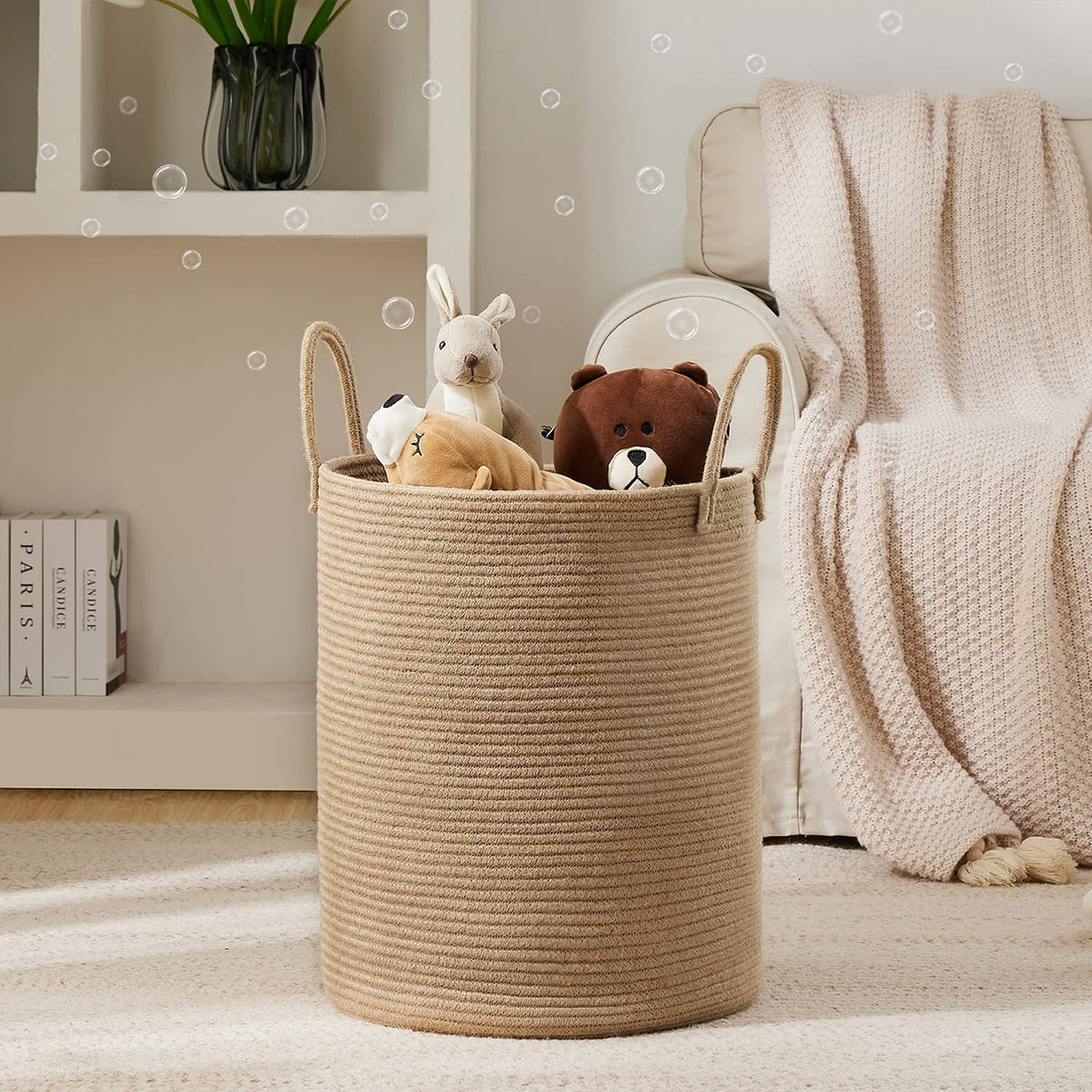 Cesta Canasta de Lavandería de Cuerda de Yute por YOUDENOVA, Cesta de Lavandería Alta de 58L, Canasta de Cuarto de Bebé para Almacenamiento de Mantas para Dormitorio-Grande-Yute