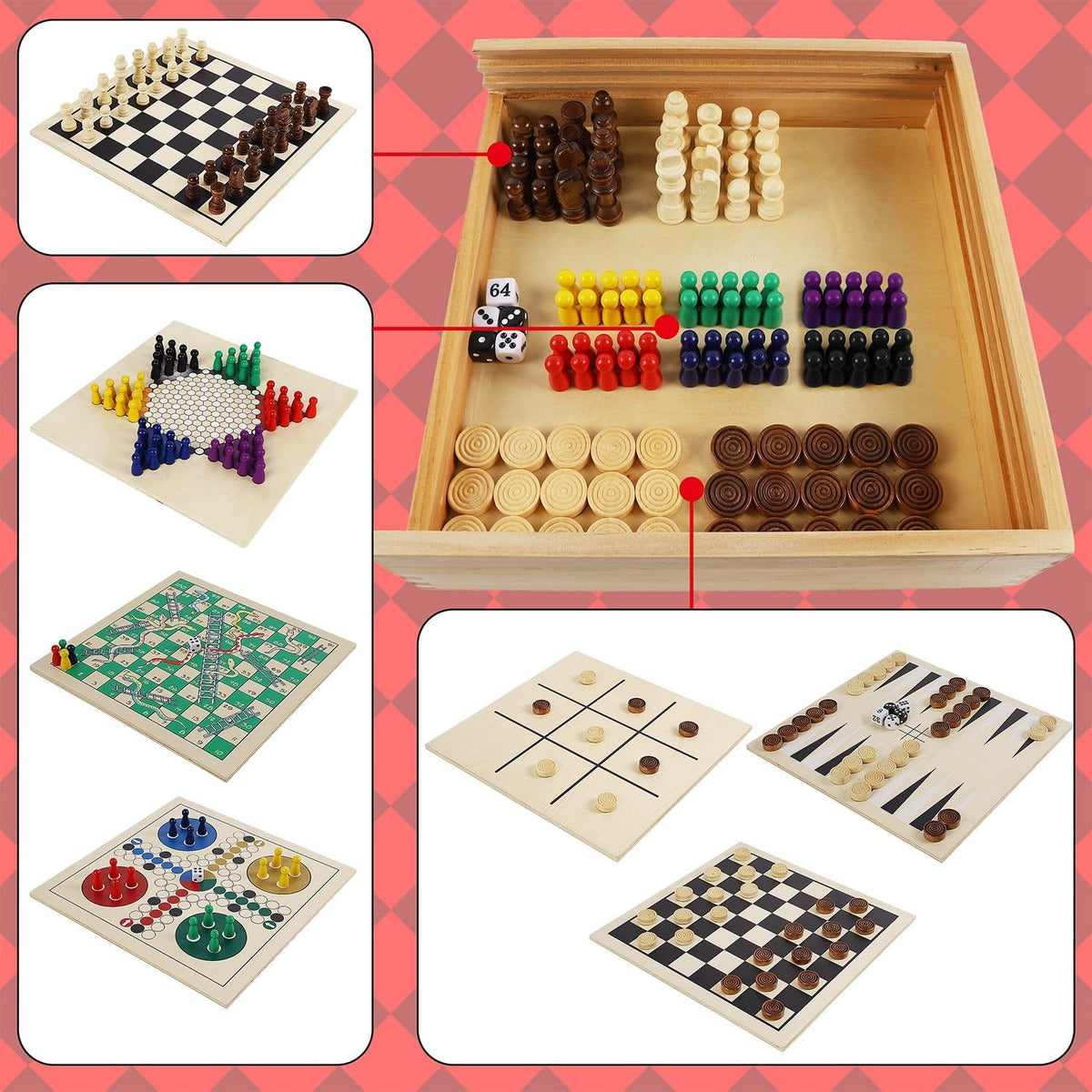 Juegoal Juego de mesa de madera 7 en 1 para niños y adultos, juego de mesa clásico de viaje portátil (ajedrez, damas, damas chinas, backgammon, parchís, serpientes y escaleras, dedo del pie de tac)