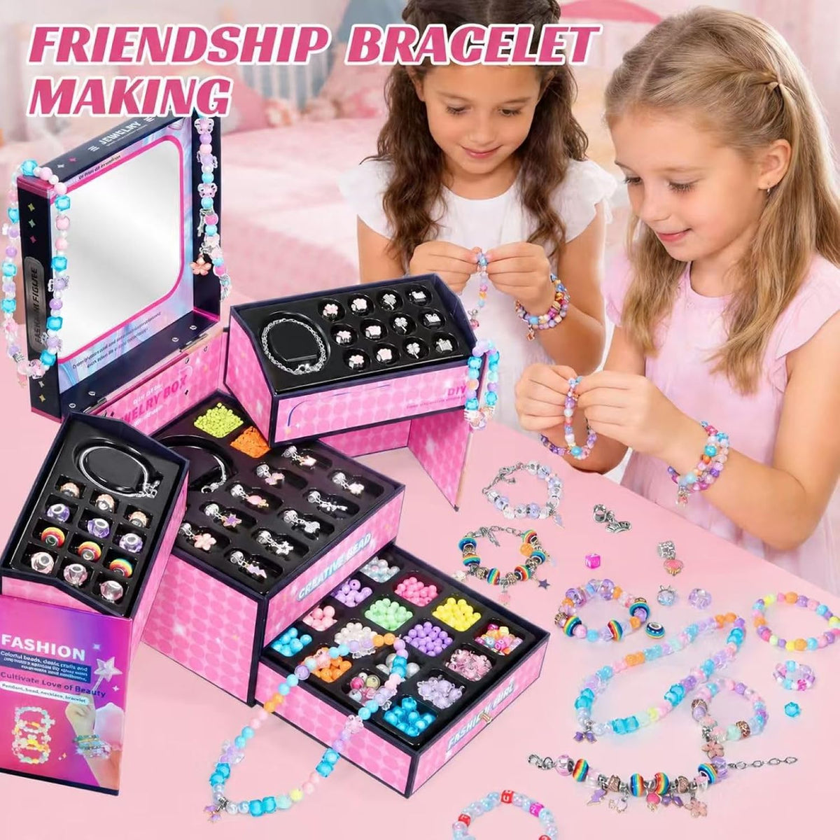 WOANZZ Kit de fabricación de pulseras con dijes, kits de fabricación de joyas para niñas de 8 a 12 años, joyero con cuentas, kit de collar, manualidades, regalo de cumpleaños para niñas de 6, 7, 8, 10, 11, 12 años, color rosa
